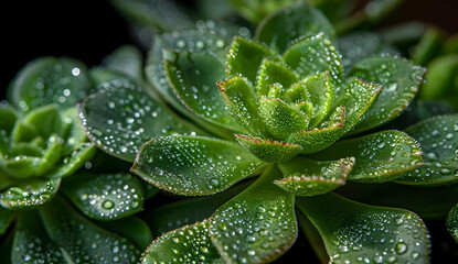 Fototapeta premium Close-up of succulent plants covered in morning dew, showcasing vibrant green leaves with water droplets.