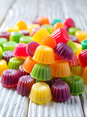 A pile of colorful jellies sits on a white wooden table. leaving space in the middle for text, jelly that looks juicy, shiny and delicious,
