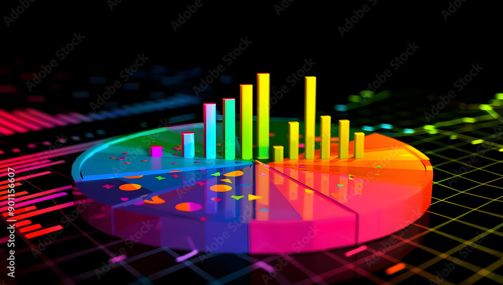 Poster colorful pie chart and bar graph depicting data analysis and business statistics on a digital dark b
