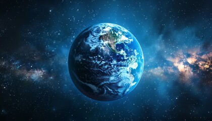 Fototapeta premium View of Earth Surrounded by Stars and Cosmic Clouds in Deep Space