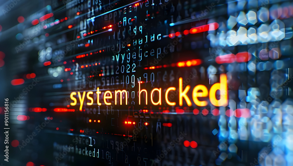 Poster digital code with glowing text 'system hacked' illustrating concept of cyber attack, data breach, an