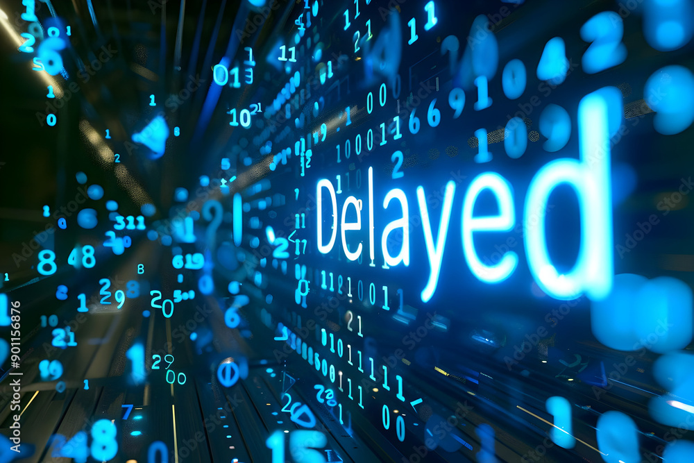 Fototapete digital representation of delays in technology or data transmissions. glowing 'delayed' text with bi