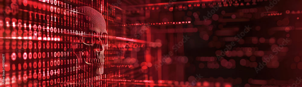 Poster digital skull in red matrix background symbolizing cyber threats, hacking, and online danger, with d