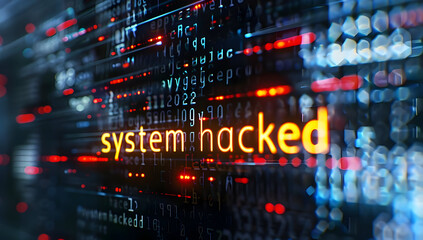 Obraz premium Digital code with glowing text 'system hacked' illustrating concept of cyber attack, data breach, and online security vulnerabilities