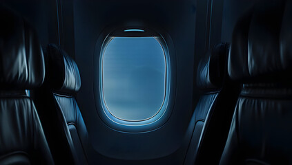 Dimly lit airplane interior showing window seat view during night flight, with a focus on the dark, reflective surface of the window.