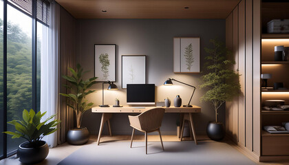 Fototapeta premium Hyper-realistic small narrow studio home office design zen peaceful japanese inspired style modern elegant walnut grey soft lighting cozy