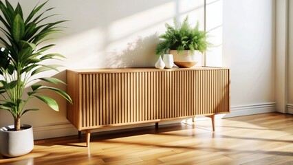 A light, airy room features a sleek, modern wooden sideboard with a smooth, curved design.