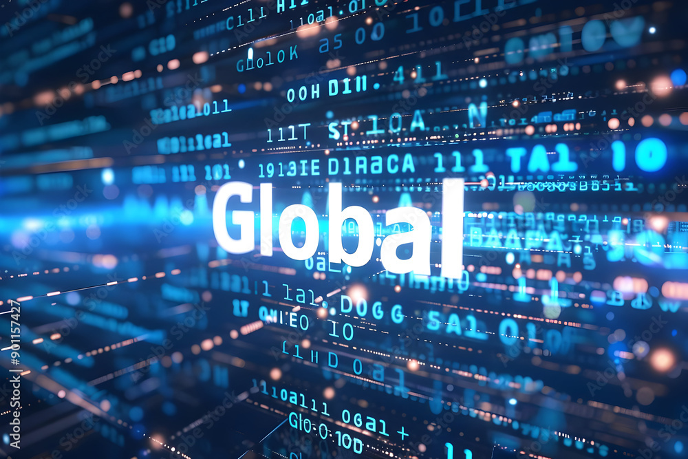 Poster futuristic digital global technology concept with data streams, abstract lines, and text overlay, re