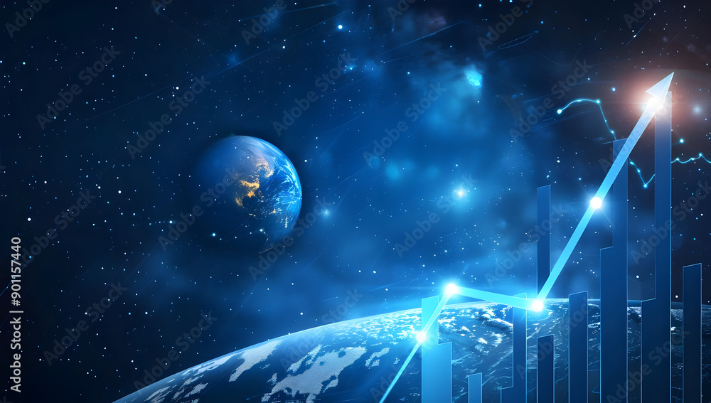 Aufkleber futuristic digital graph and globe in space, signifying global technology growth and data analytics 