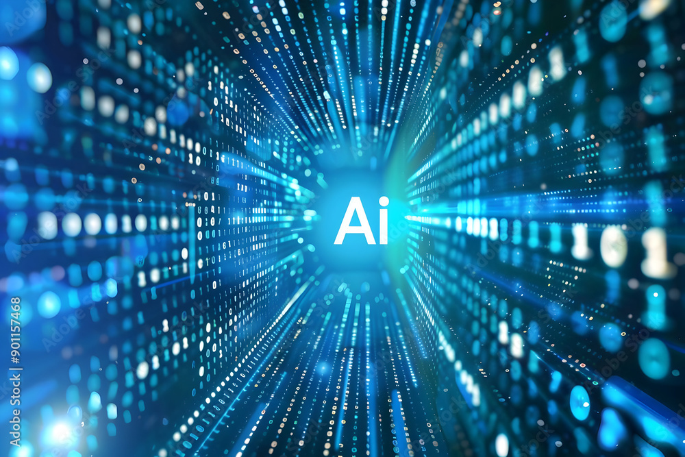 Poster futuristic digital representation of ai technology with glowing blue code and lights. ideal for tech