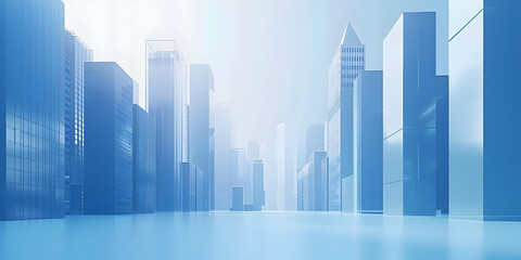 Obraz premium Futuristic cityscape with blue glass skyscrapers under a foggy sky. Modern architecture and urban design.