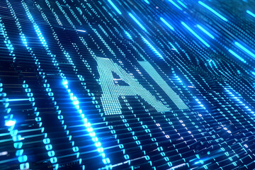 Naklejka premium Futuristic digital landscape showcasing AI technology. Bright blue lines and binary code highlight the advanced artificial intelligence concept.