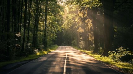 Obraz premium A freshly paved road through a dense forest with sunlight filtering through the trees, highlighting a serene and natural route.