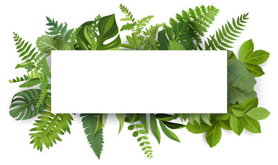 Green tropical leaves surrounding an empty white rectangle, perfect for text or logos, in a nature-inspired stock photo.