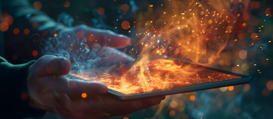 Hands holding a tablet with a fiery explosion effect, representing technology, innovation, and digital creativity.