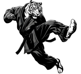 Illustration of a fierce tiger dressed in martial arts attire performing a high kick, symbolizing strength and agility in combat sports.