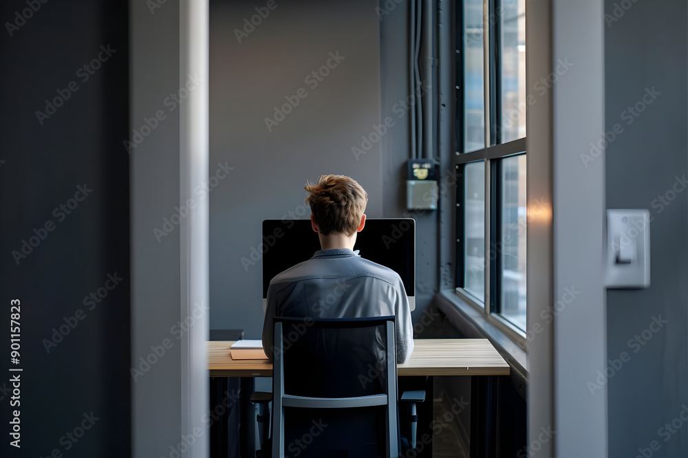 Wall mural Man working on a computer in a modern office space with large windows and natural light, viewed from behind through a door frame.