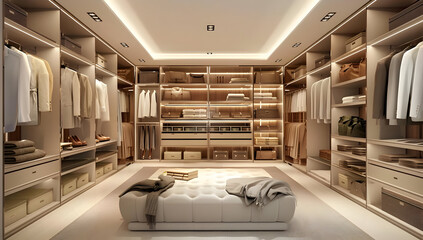 Luxurious walk-in closet with organized shelves, hanging clothes, and a stylish ottoman in the center, well-lit and designed for elegance.