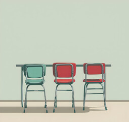 Obraz premium Minimalist image of three colorful chairs at a table against a light background, emphasizing simplicity and modern design.