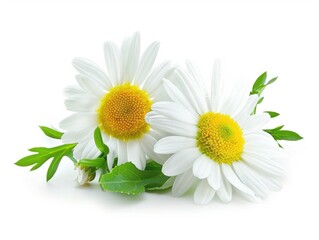 Obraz premium Two vibrant chamomile flowers with green leaves are elegantly placed against a bright background