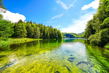 Landscape at Hechtsee near Kufstein. Clear mountain lake in Tyrol, Austria. Idyllic lake with the...