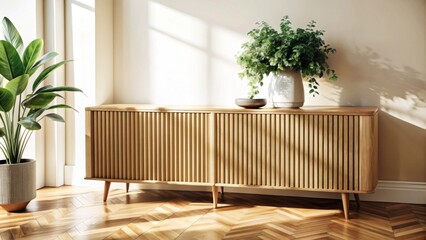 A light, airy room features a sleek, modern wooden sideboard with a smooth, curved design.
