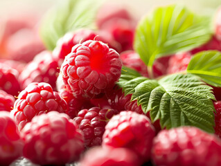 a close-up of fresh, vibrant red raspberries with some green leaves, highlighting their juicy...