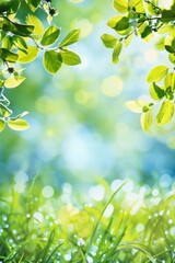 Lush green leaves under bright sunlight in a serene natural setting, copy space