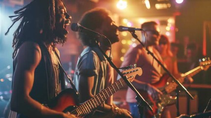 Obraz premium A group of musicians singing together into microphones during a live band performance, with a lively audience in the background.
