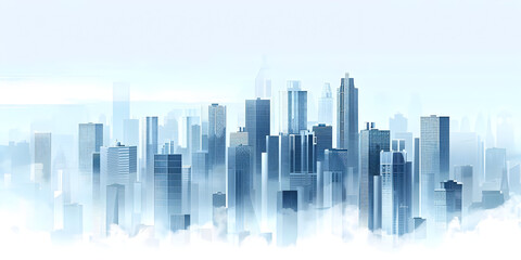 Fototapeta premium Modern city skyline enveloped in foggy atmosphere, creating a dreamy urban scene with high-rise buildings and soft pastel tones.
