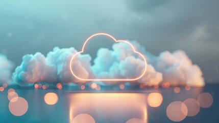 Soft, pale cloud icons appear in a blurred bokeh backdrop, evoking a serene twilight atmosphere