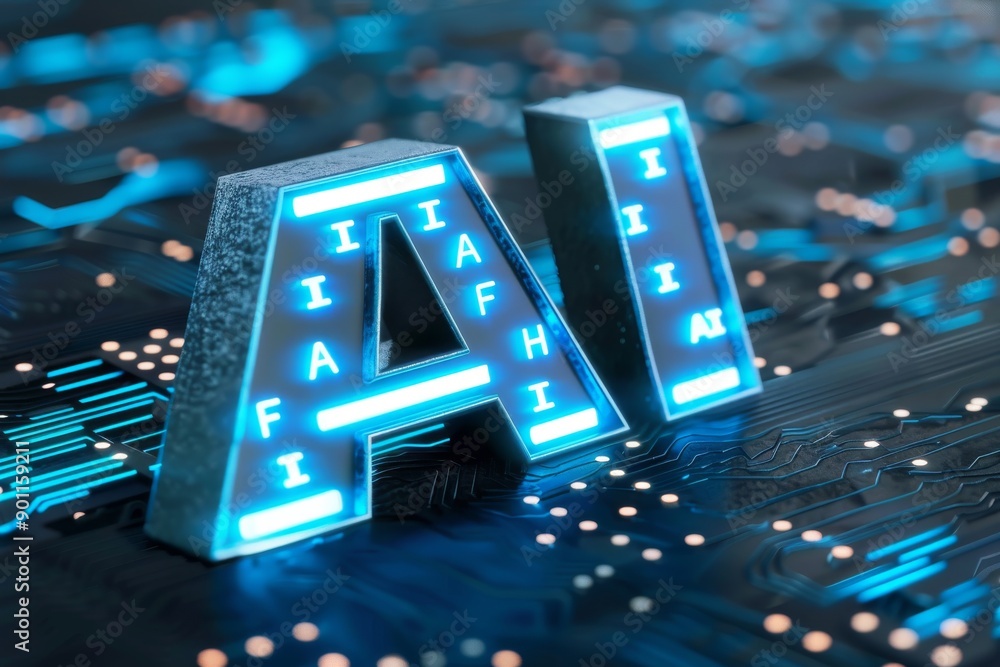 Poster Illuminated AI symbols on a circuit board with blue and green lights symbolizing advanced artificial intelligence and high tech electronics in a modern digital environment