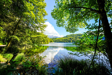 Landscape at Hechtsee near Kufstein. Clear mountain lake in Tyrol, Austria. Idyllic lake with the...
