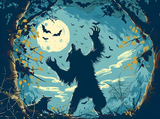 Spooky digital illustration of a werewolf howling at a full moon surrounded by bats and trees in a dark, eerie forest.