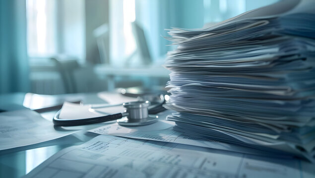 Stack of paperwork and medical documents on an office desk with a stethoscope, representing healthcare administration and office work.