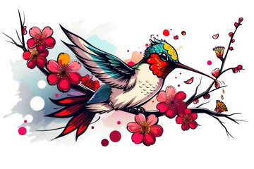 Obraz premium Hummingbird Perched on Branch with Pink Blossoms