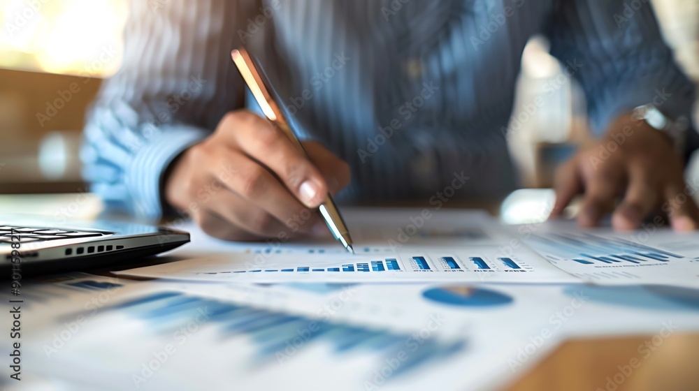 Poster closeup of a businessman's hand writing on a document with graphs and charts. the image suggests foc