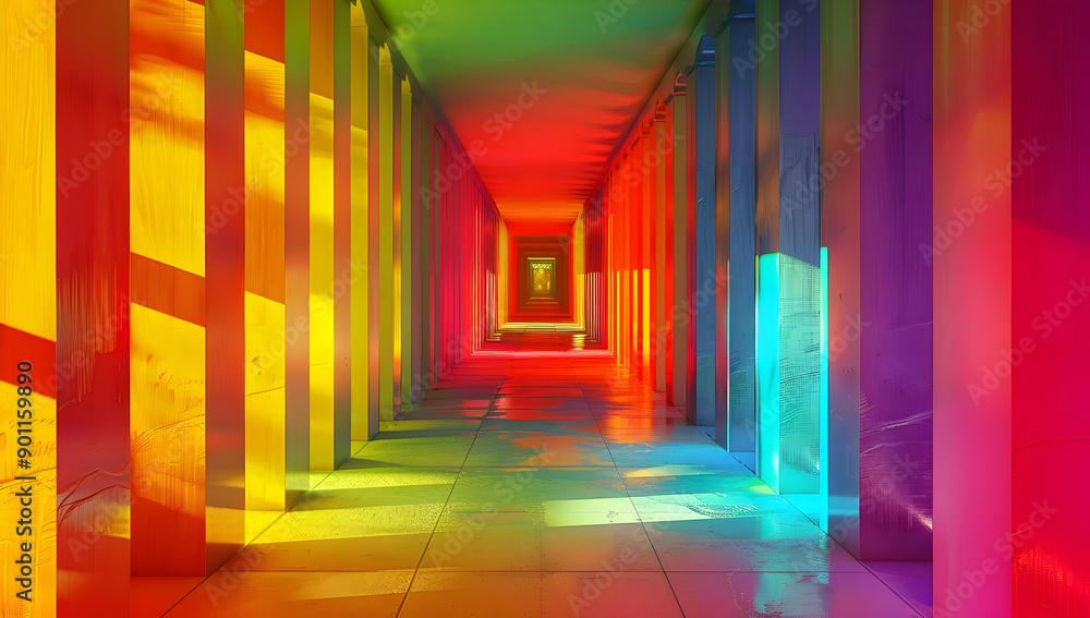 Poster vibrant rainbow-lit hallway with colorful reflections on walls and floor, creating a mesmerizing and