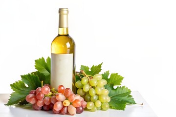 A bottle of white wine is on a table with a bunch of grapes and leaves