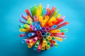 A bunch of plastic straws are in a circle on a blue background