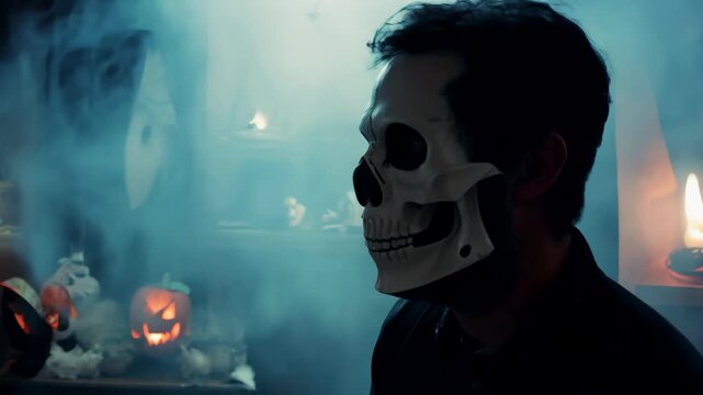 Man wearing Halloween mask with decorations and smoke for spooky and eerie video footage