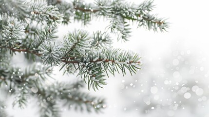 Lightly frosted pine branches create a tranquil winter atmosphere with a soft blurred backdrop
