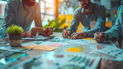Collaborative brainstorming session with professionals discussing strategies over colorful charts and notes in a bright workspace.