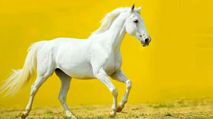 A white horse galloping in a field with a yellow background