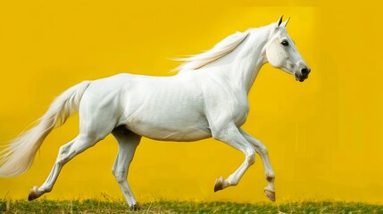A white horse galloping in a field with a yellow background