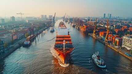 Obraz premium red cargo ship with containers is docked at the port