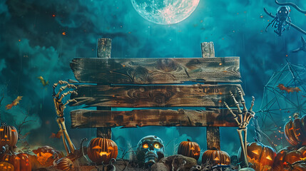 Halloween Party boarder background Pumpkins, Zombies, skull, skeleton In Graveyard With Wooden Board spooky and scary trick or treat jack o lantern