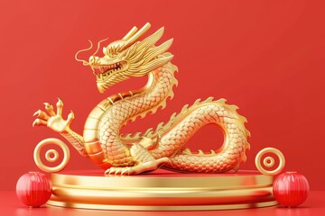 Golden Dragon on a Circular Platform with Red Lanterns