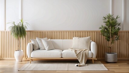 Fototapeta premium A cozy, minimalistic room features a white sofa draped with a soft blanket, with two cushions—one white and one beige—arranged on it.