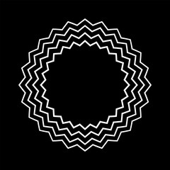 Abstract Circular Concentric Zig Zag Lines White Pattern for Decorative Round Frame on Black Background.